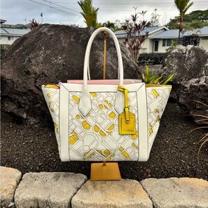 Henri Bendel RARE Tote White Yellow Signature Cutout Leather Bag with Dust Bag